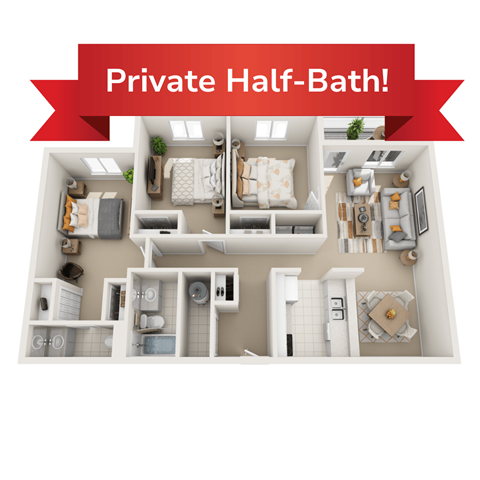 Floor plan for 3 beds, 1.5 baths, 333 sqft